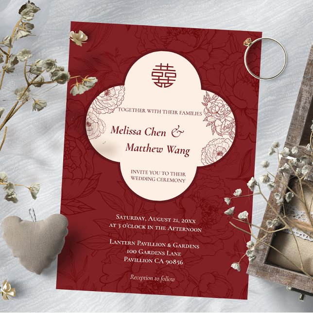 Élégant Faire-part de mariage chinois floral dente (Elegant Lace Floral Chinese Wedding Invitation)