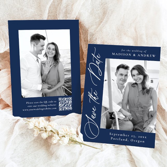 Élégant Faire-Part de Mariage Code QR Photo Navy 2 (Créateur téléchargé)
