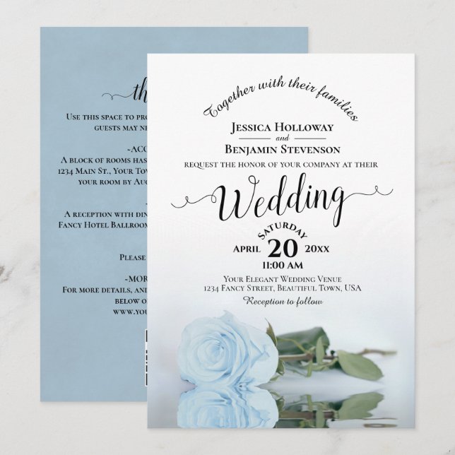 Élégant faire-part de mariage code QR Rose bleu pâ (Devant / Derrière)