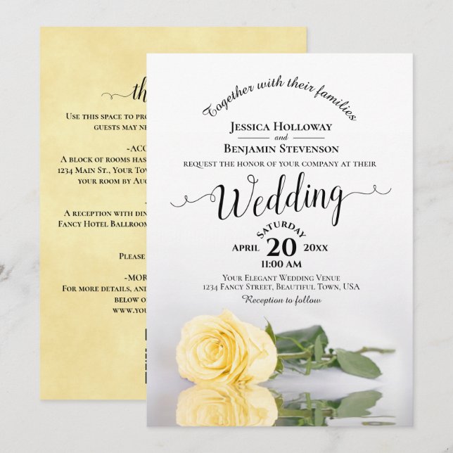 Élégant faire-part de mariage code QR Rose jaune C (Devant / Derrière)