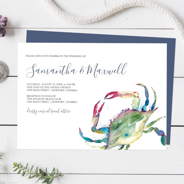 Élégant Faire-part de mariage Côtier (Coastal wedding invitations feature watercolor blue crab art by Victoria Grigaliunas Do Tell A Belle)