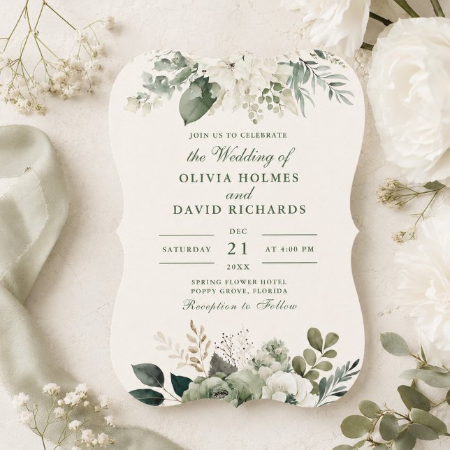 Élégant Faire-Part de Mariage Courbe Vert Sauge &  (Elegant Sage Green & Ivory Flowers Curved Wedding Invitation on a table with white flowers )