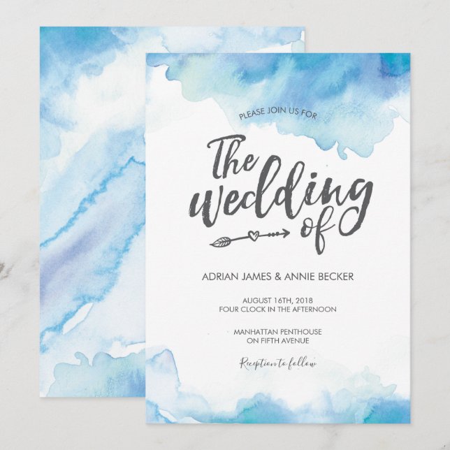 Elégant Faire-part de mariage d'aquarelle bleu (Devant / Derrière)
