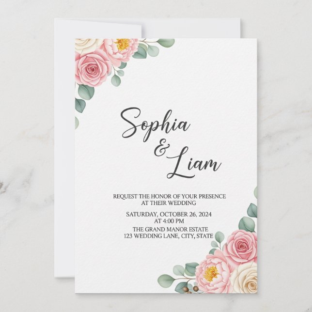 Elégant Faire-part de mariage d'aquarelle florale (Devant)