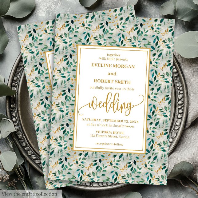 Élégant Faire-part de mariage de feuillage doré fo (Elegant Dark Green Gold Foliage Wedding Invitation)
