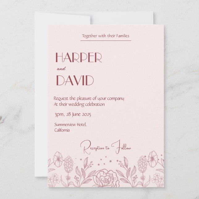 Élégant Faire-part de mariage de ligne florale ros (Devant)