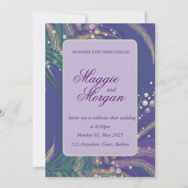 Élégant Faire-part de mariage de plumes violettes (Devant)