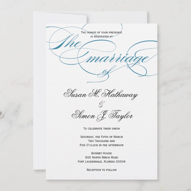 Élégant Faire-part de mariage de script - Bleu (Devant)