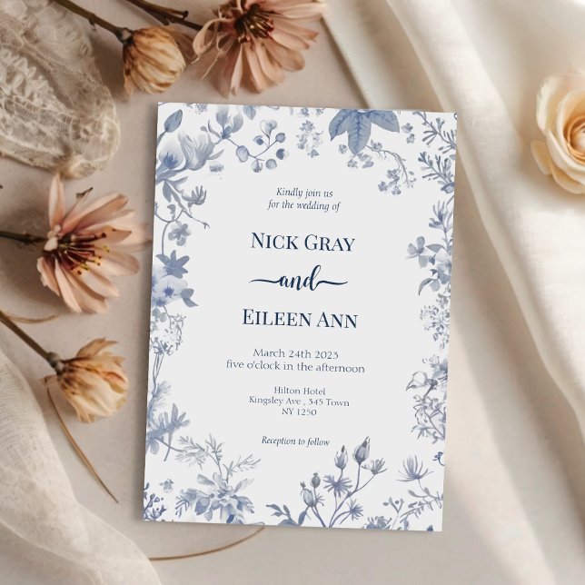Elégant Faire-part de mariage en toile bleu (Elegant Blue French Toile Wedding Invitation)