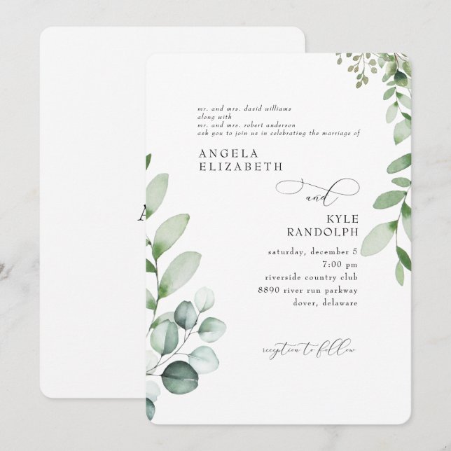 Élégant Faire-Part de Mariage Eucalyptus en Cascad (Devant / Derrière)