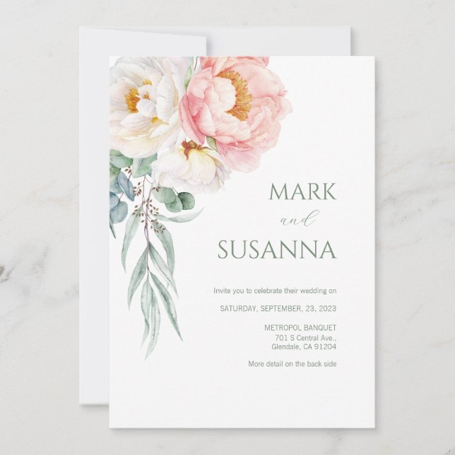 Élégant Faire-part de mariage Eucalyptus Peonies (Devant)