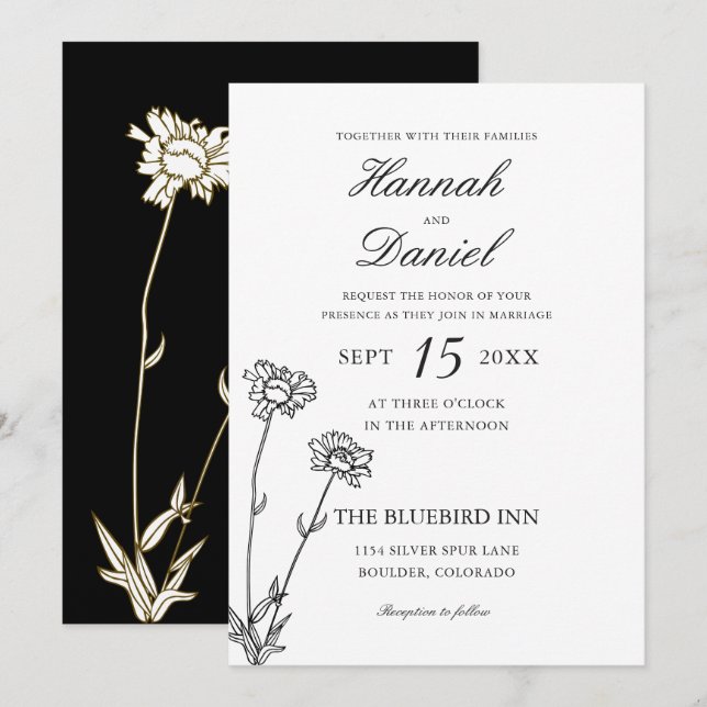 Élégant Faire-part de mariage Fleur sauvage Black  (Devant / Derrière)