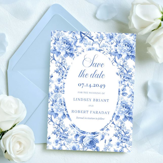 Élégant Faire-Part de Mariage Fleurs Bleues Profon (Stylish Deep Blue Floral Save the Date Wedding Card)