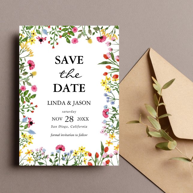 Élégant Faire-Part de Mariage Fleurs Sauvages Colo (Colorful wildflower wedding save the date invitation sets a vibrant, joyful tone for your big day)