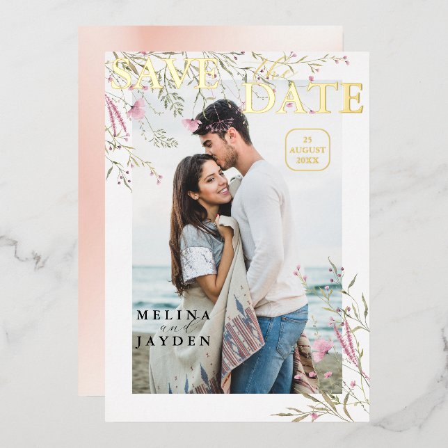 Élégant Faire-Part de Mariage Fleurs Sauvages Rose (Recto/Verso)
