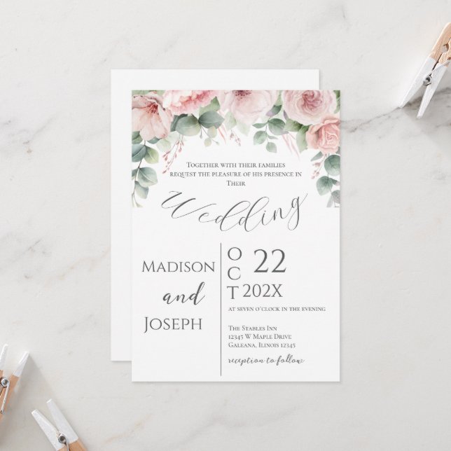 Élégant Faire-part de mariage Floral (Devant/Arrière en situation)