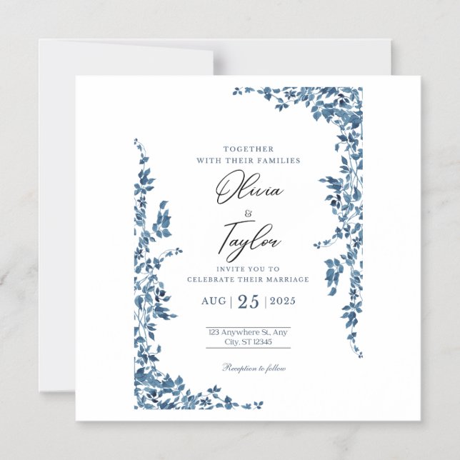 Elégant Faire-part de mariage Floral avec Or (Recto)