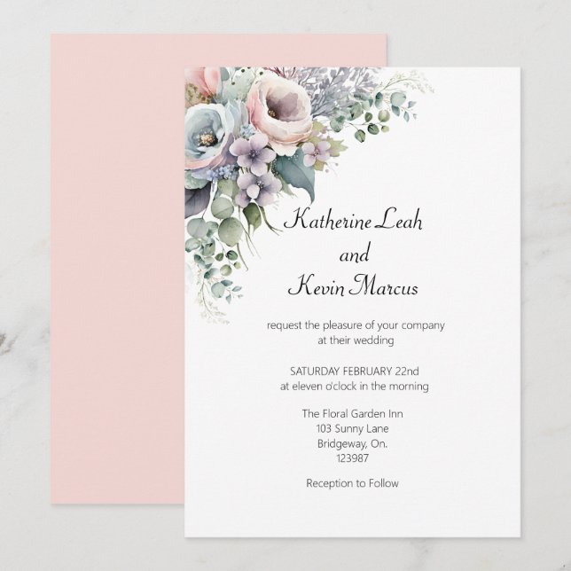 Élégant Faire-part de mariage floral blanc rose (Devant / Derrière)