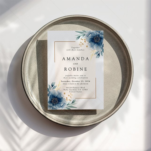 Élégant Faire-part de mariage Floral Bleu (Créateur téléchargé)