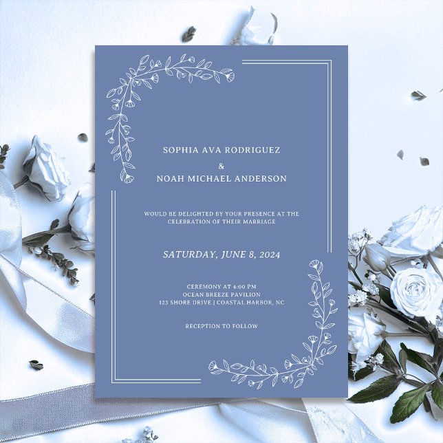 Élégant Faire-part de mariage floral bleu ardoise (Créateur téléchargé)