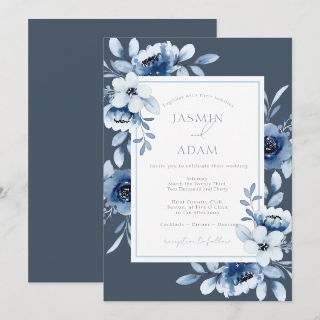 Élégant Faire-Part de Mariage Floral Bleu Ardoise  (Devant / Derrière)