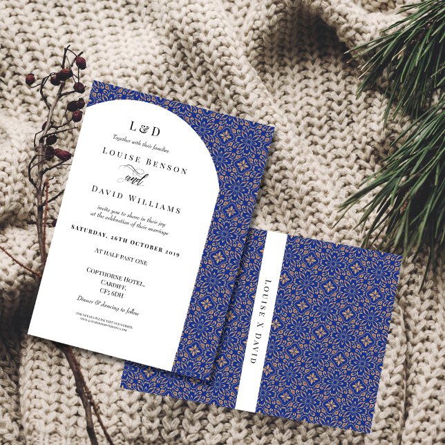 Elégant Faire-part de mariage Floral Bleu & Or (Créateur téléchargé)