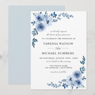 Élégant faire-part de mariage floral bleu poussiér