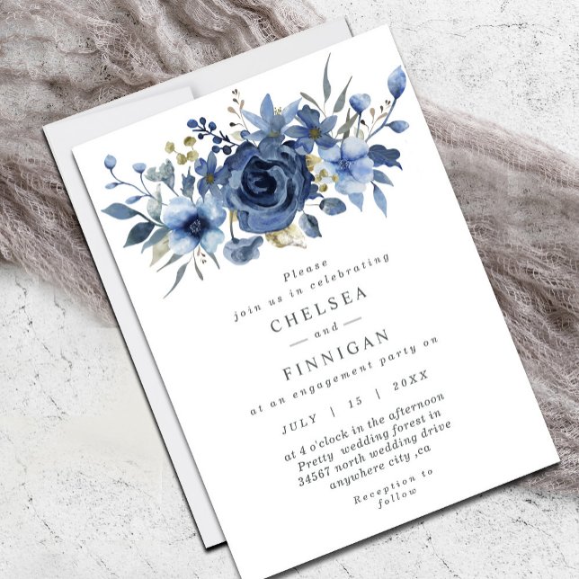 Elégant Faire-part de mariage Floral d'hiver bleu  (Modern chic, dusty blue watercolor floral design, elegant and stylish, great wedding invitation.)