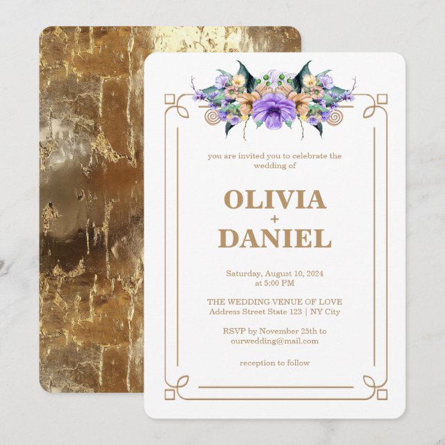 Élégant Faire-part de mariage Floral Et Or (Devant / Derrière)