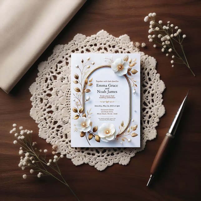 Elégant Faire-part de mariage Floral Frame Or (Créateur téléchargé)