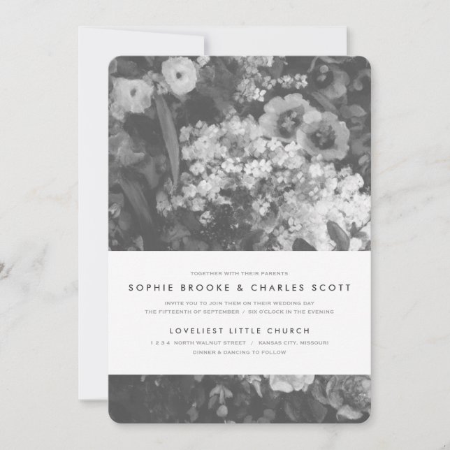 Élégant Faire-part de mariage floral noir et blanc (Devant)