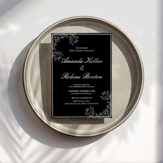 Élégant Faire-part de mariage floral noir et blanc (Créateur téléchargé)