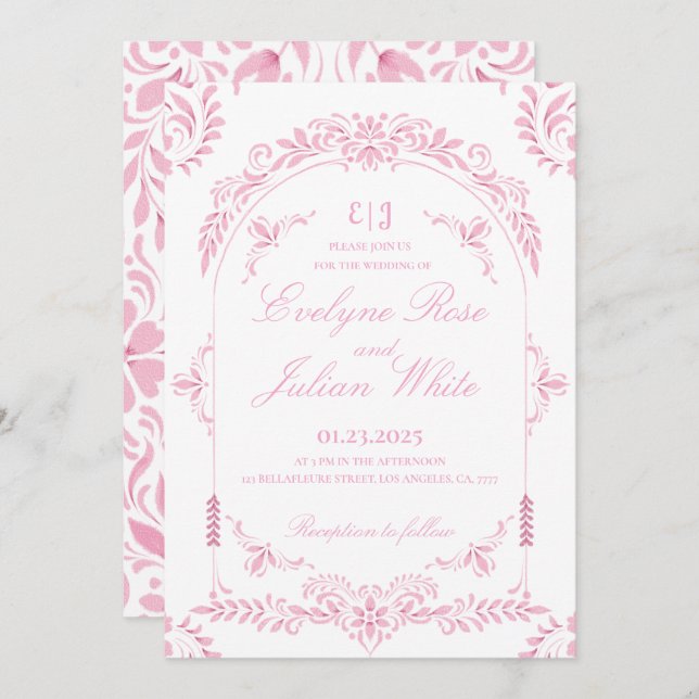 Élégant Faire-part de mariage Floral Rose (Devant / Derrière)