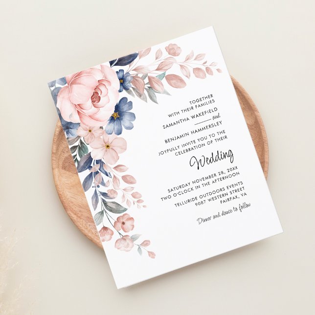 Élégant Faire-part de mariage Floral Rose (Blush Pink Floral Script Elegant Wedding Budget Invitation)