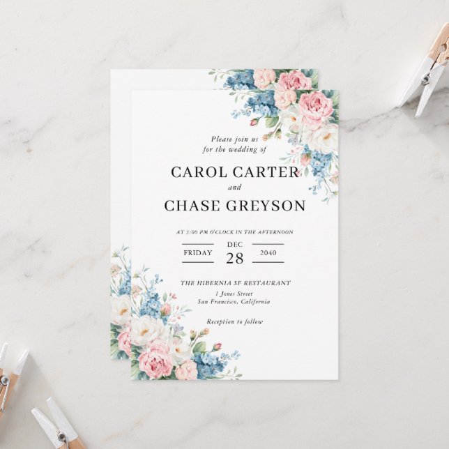 Élégant Faire-part de Mariage Floral Rose et Bleu (Devant/Arrière en situation)
