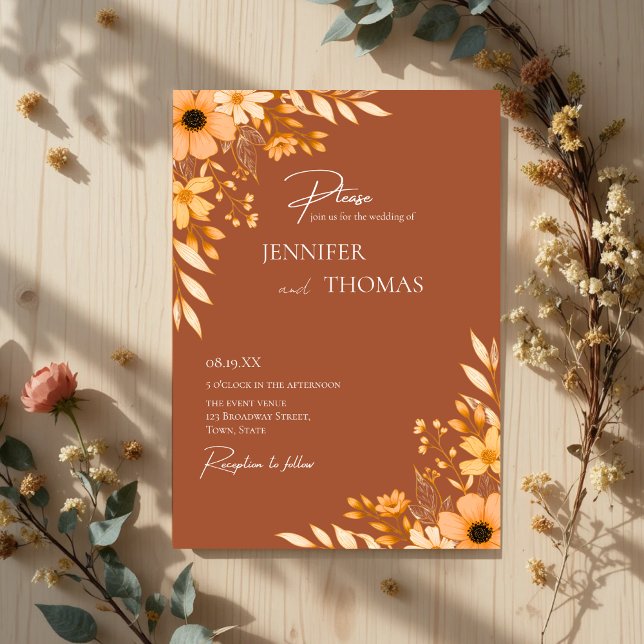 Élégant Faire-Part de Mariage Floral Terracotta De (Créateur téléchargé)