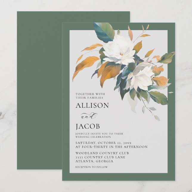 Élégant Faire-part de mariage Floral Vert Sage Bla (Devant / Derrière)