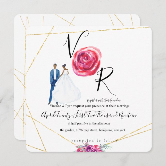 Élégant Faire-part de mariage Floral violet or (Devant / Derrière)