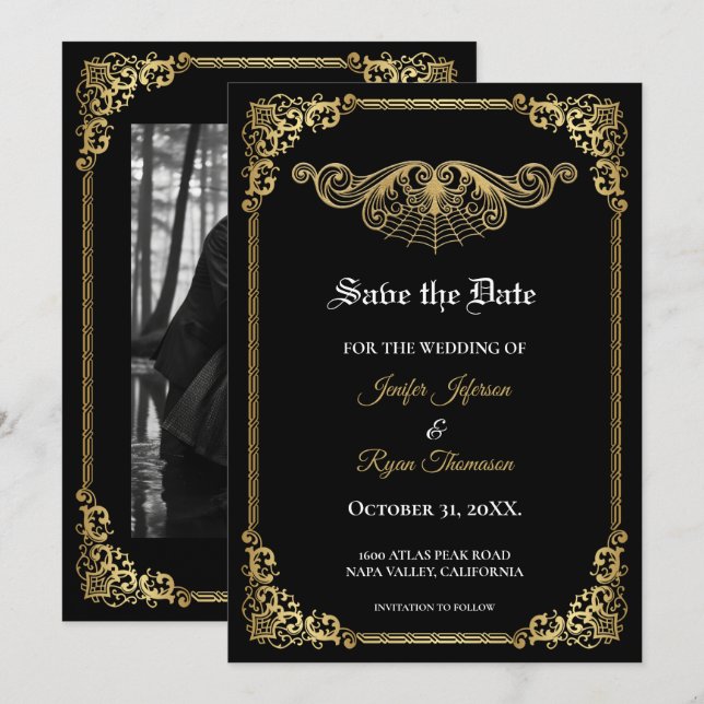 Élégant faire-part de mariage gothique or 'save th (Devant / Derrière)