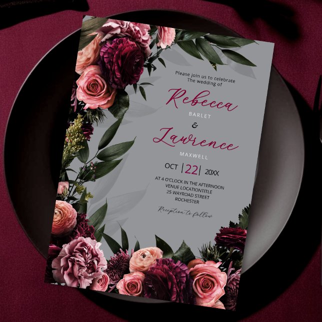 élégant faire-part de mariage gris-clair fleuri (Créateur téléchargé)