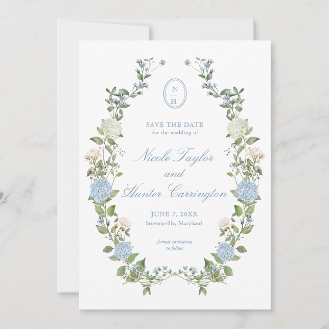 Élégant Faire-Part de Mariage Hydrangea Bleue (Devant)