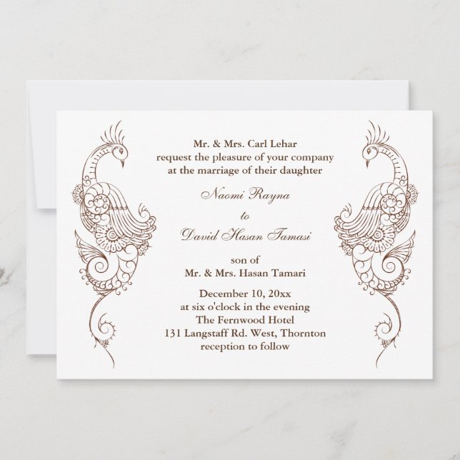Elégant Faire-part de mariage Mehndi Peacock (Devant)