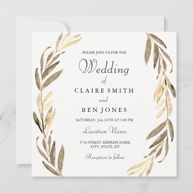 Élégant Faire-part de mariage moderne feuille d'or (Devant)