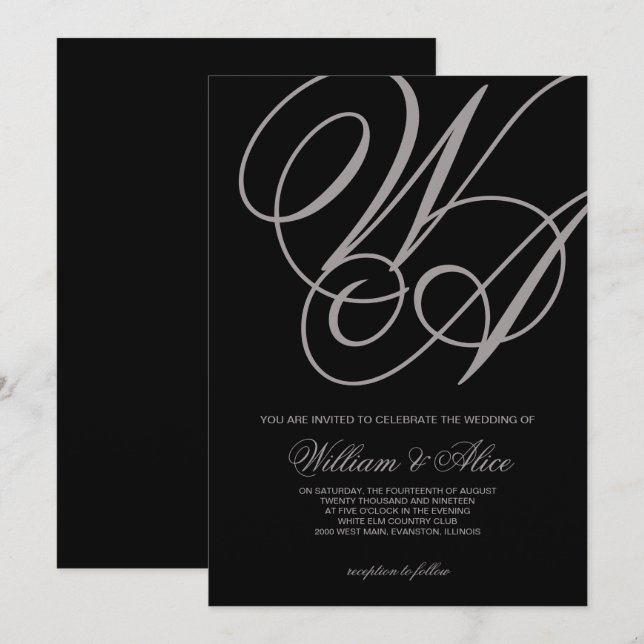 élégant faire-part de mariage noir (Devant / Derrière)