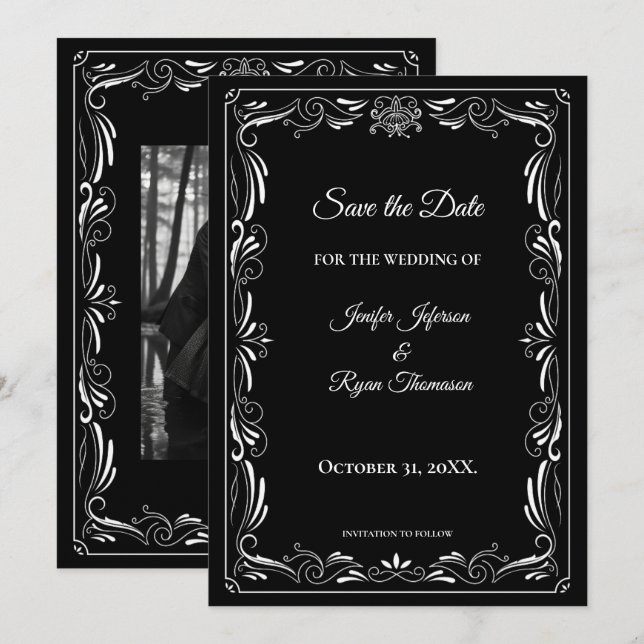 Élégant faire-part de mariage noir et blanc à cons (Devant / Derrière)