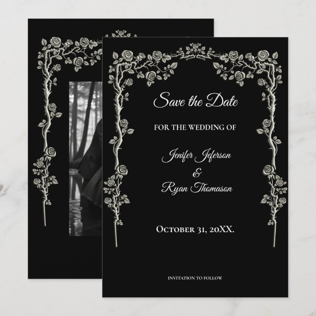 Élégant faire-part de mariage noir et blanc à cons (Devant / Derrière)