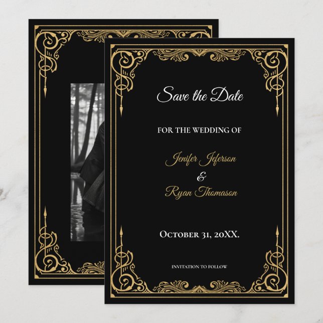 Élégant faire-part de mariage noir et or à conserv (Devant / Derrière)