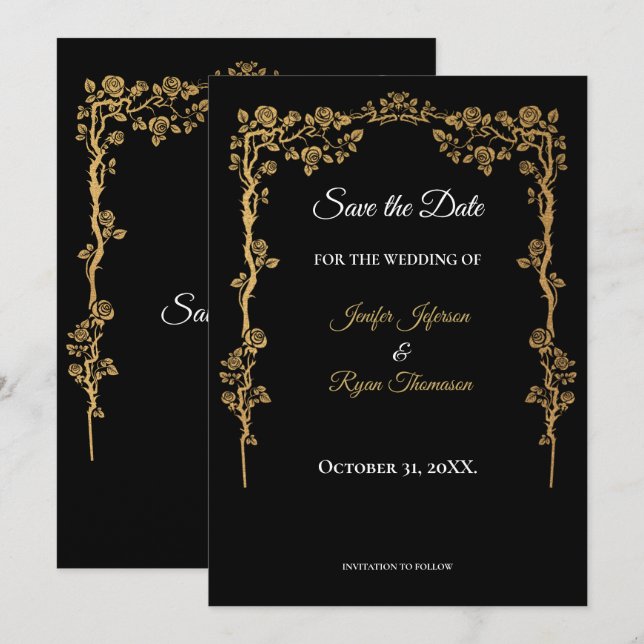 Élégant faire-part de mariage noir et or à conserv (Devant / Derrière)