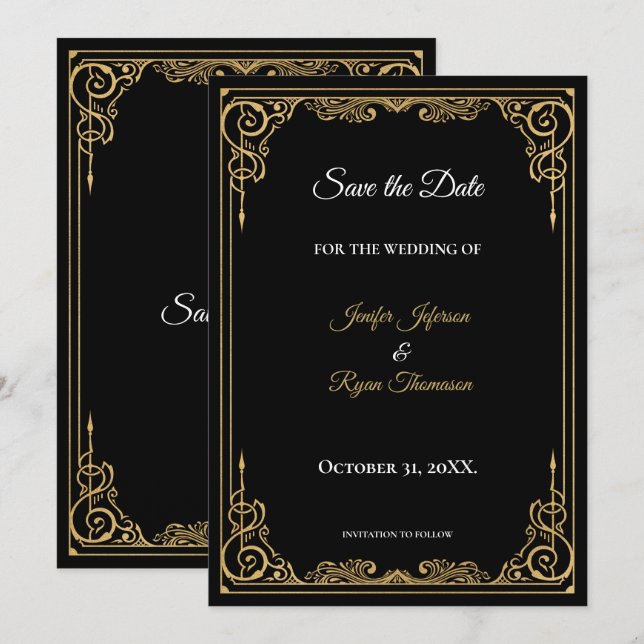 Élégant faire-part de mariage noir et or à conserv (Devant / Derrière)