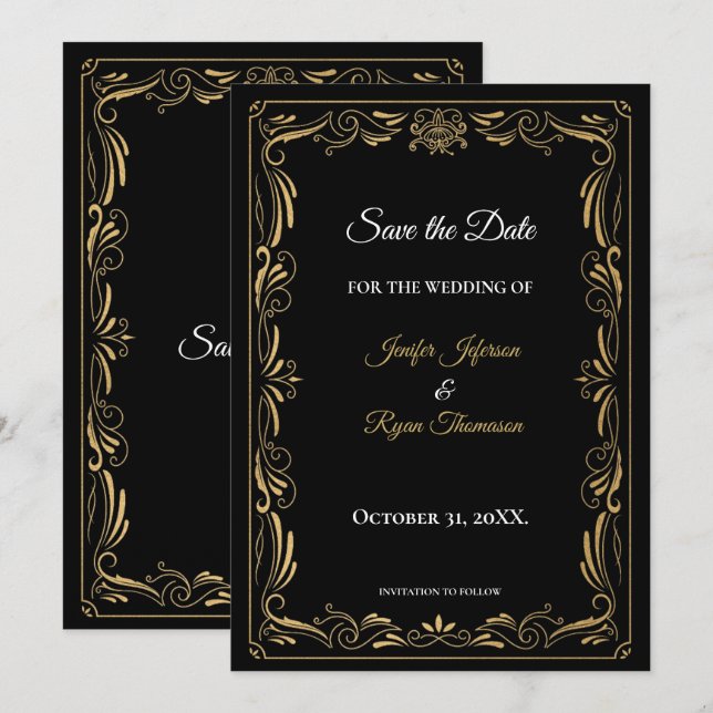 Élégant faire-part de mariage noir et or à conserv (Devant / Derrière)